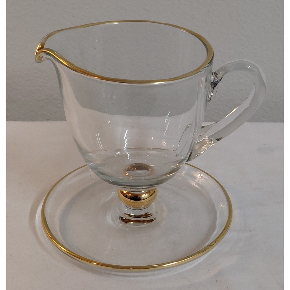 Vintage Clear Glass Footed Creamer Attached Underplate Gold Trim Pedestal